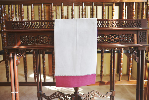 White Hemstitch Guest Towel with Pink Famble Color Border. 14x22